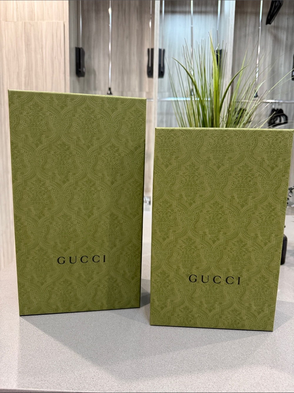 Gucci Olive Green Patterned Gift Boxes with Black Logo (Pair)